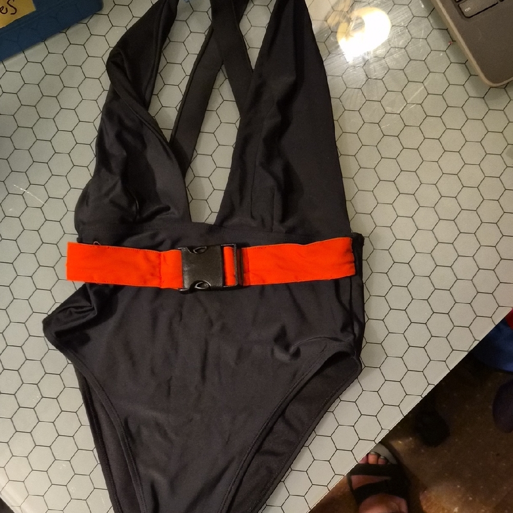 Black Swimsuit with Red Belt